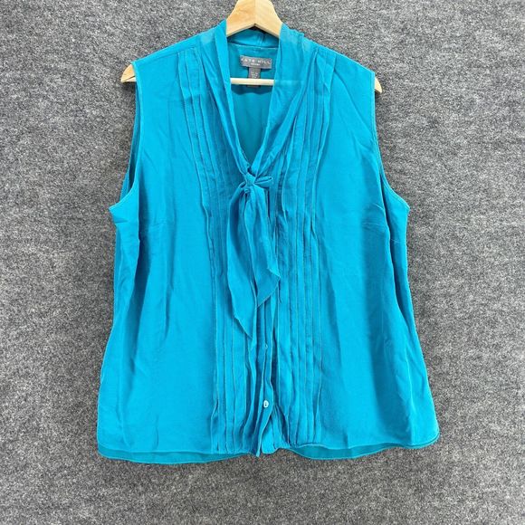 Kate Hill Blouse Women 18W Plus Blue V-Neck Tie Up Sleeveless Silk Wide Strap - Picture 1 of 8